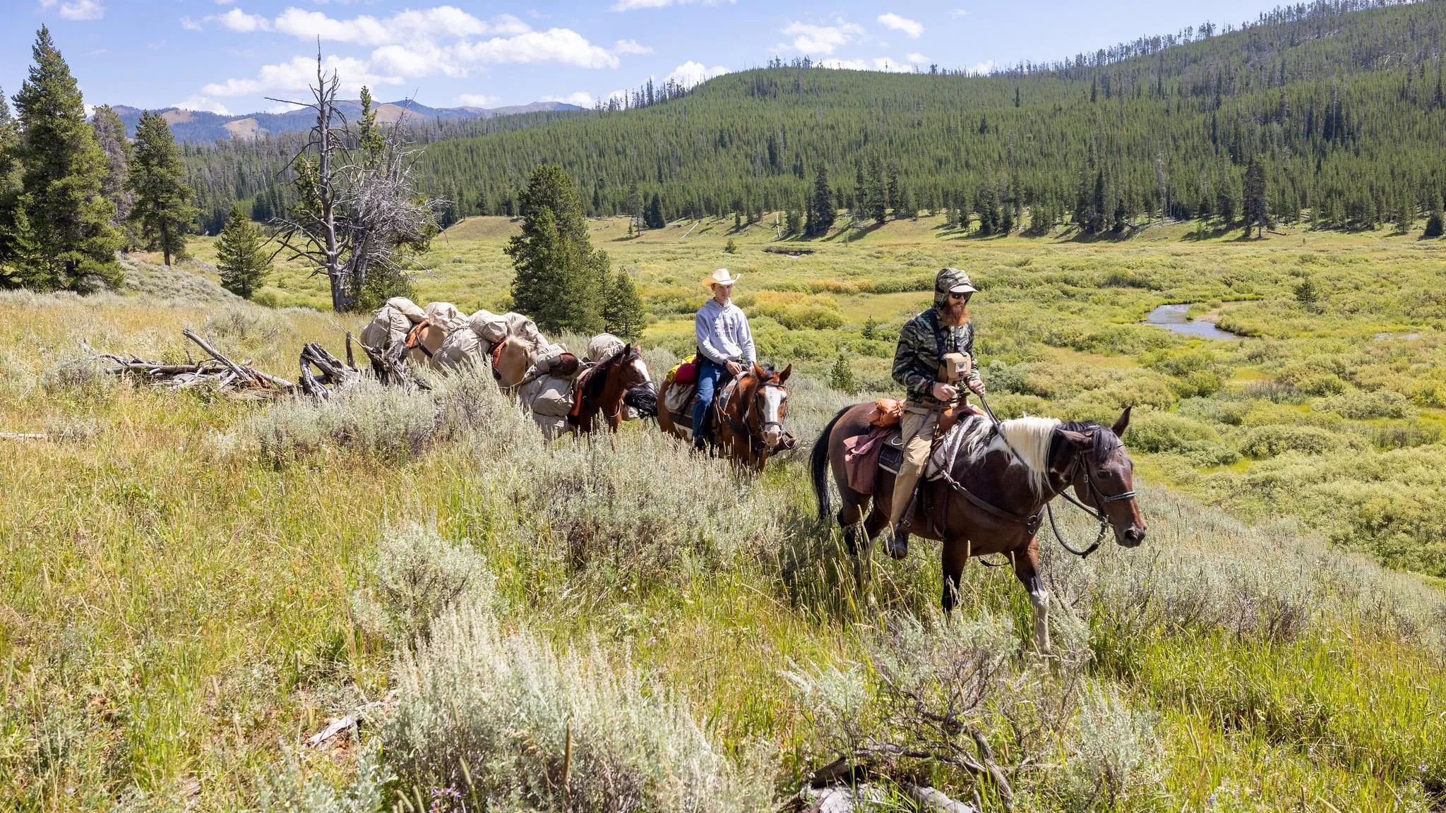 Horseback riders on scenic trail through Yellowstone sagebrush landscape with mountain views